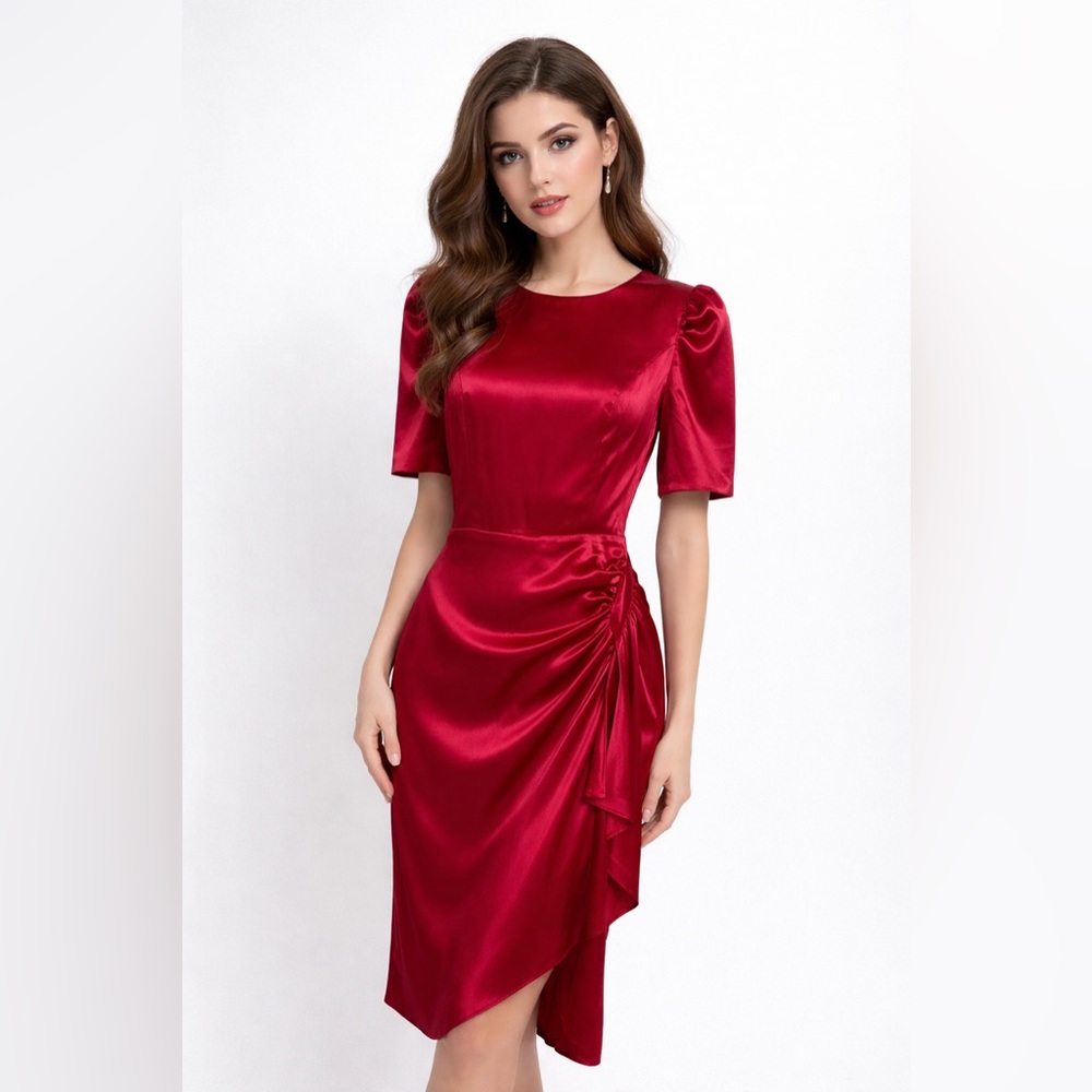 Fehaute‎ Drape Satin short-sleeve midi dress with a draped slit S